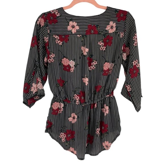 Mandee Women's Size Small Black/White Striped Floral Top - Picture 2 of 5